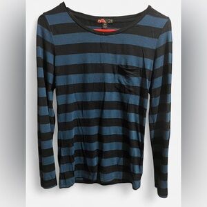 Black and Teal Blue Striped Long Sleeve Top with Pocket